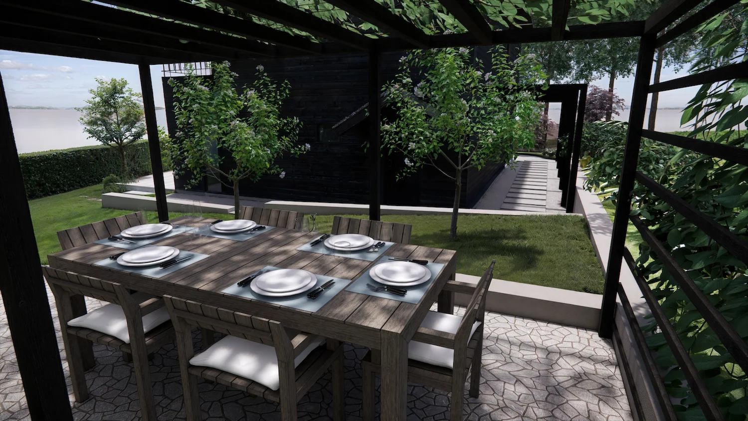 3D-visualisering av en uteplats med dukat bord under en grönskande pergola