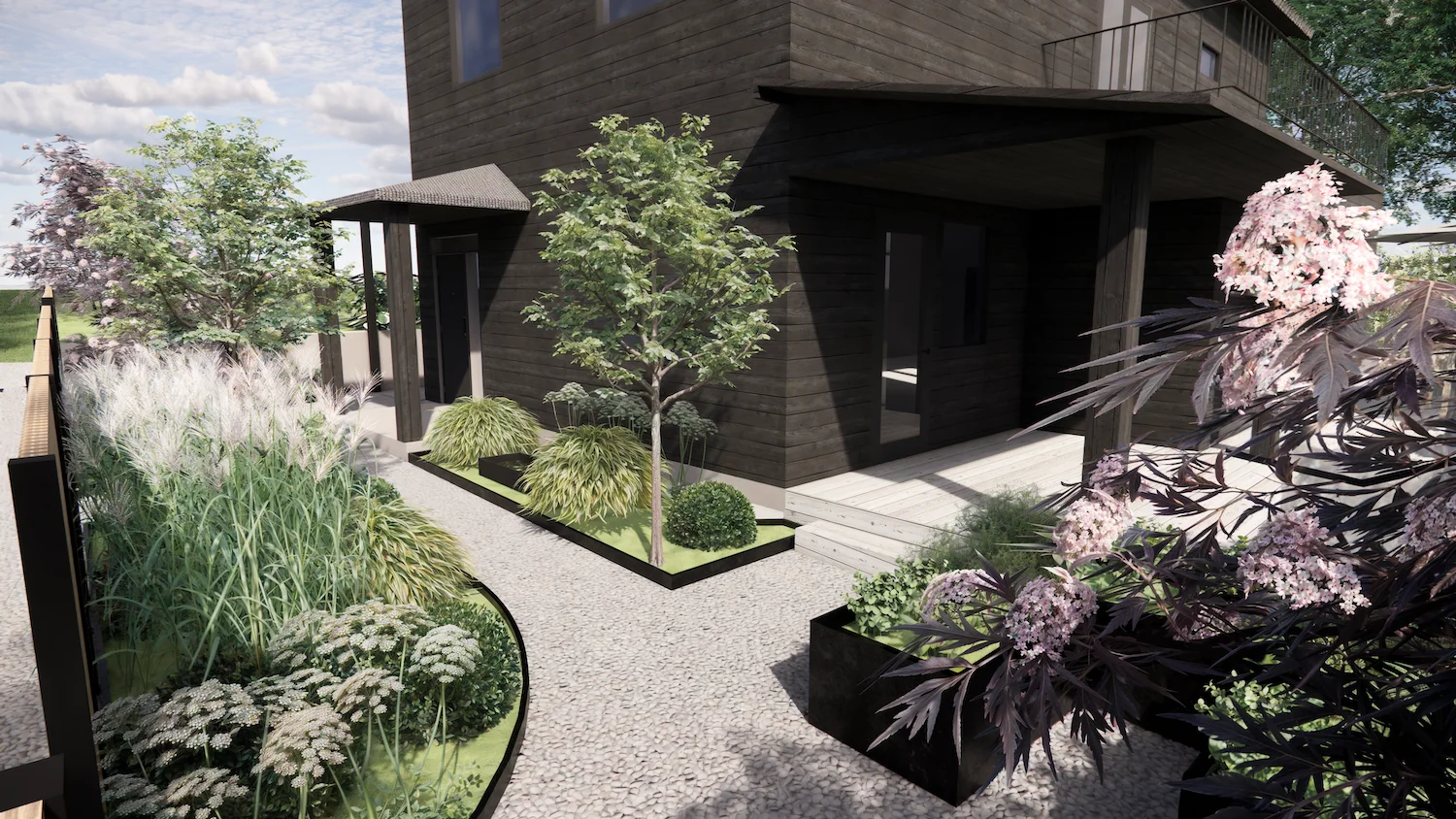 Visualisering av en lummig modern villaträdgård med sittplatser, träd och sammanhållna planteringar